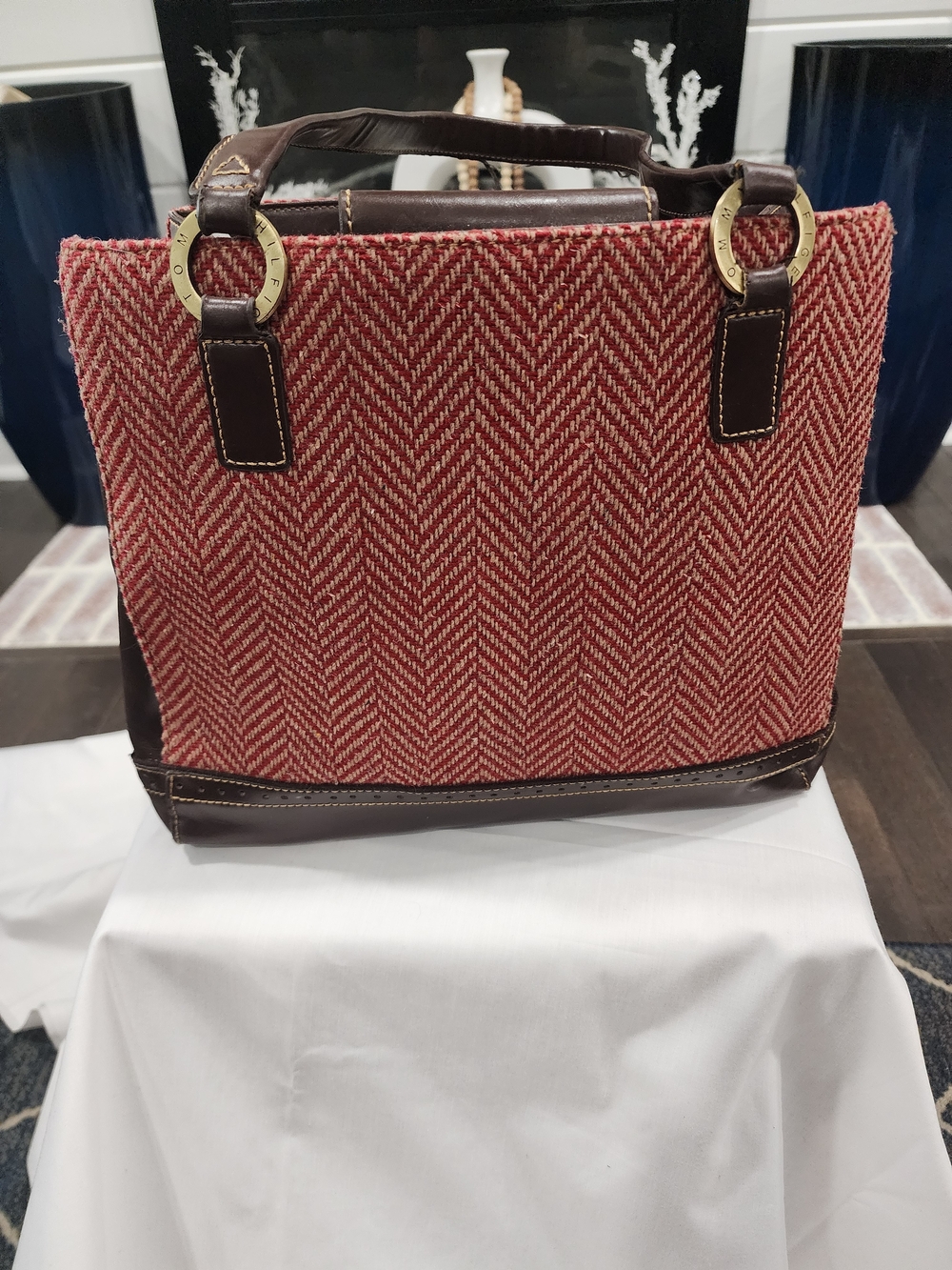 Tommy Hilfiger Red Herringbone Tote with Dark Brown Trim